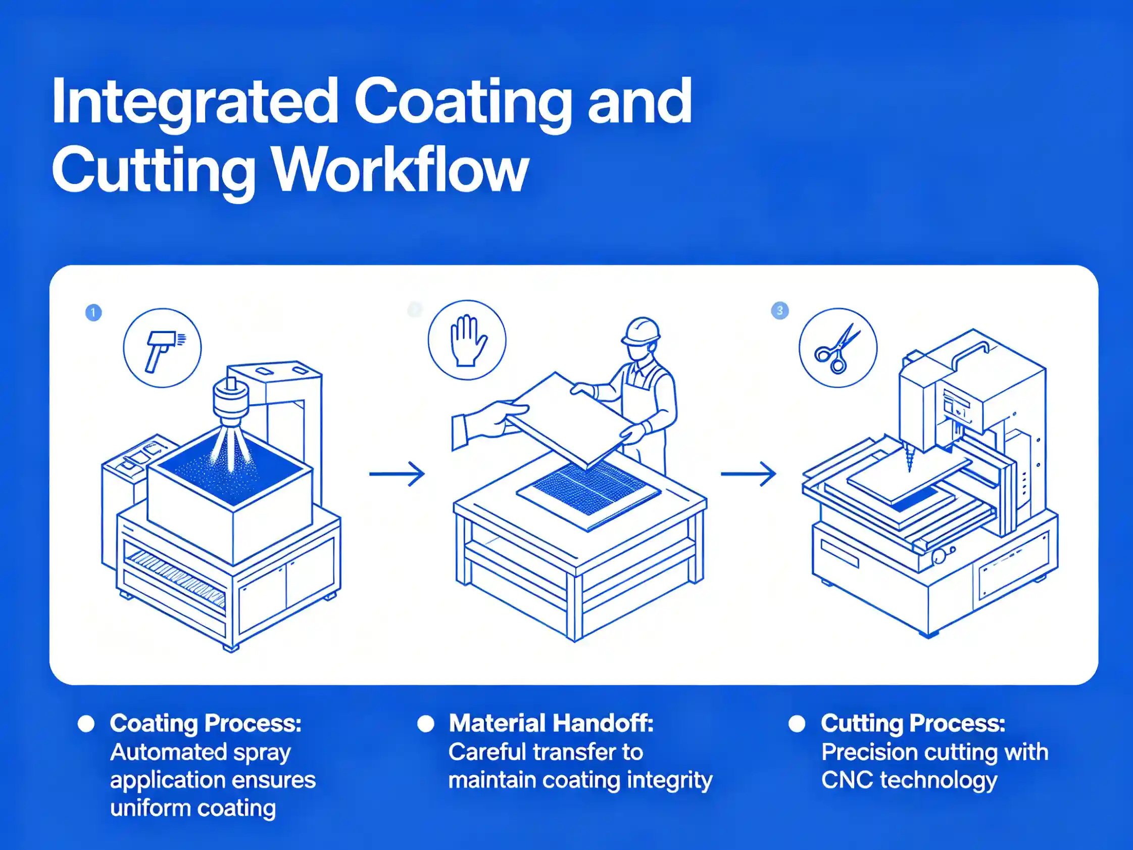 Coating to cutting material handoff Integrated coating and cutting workflow
