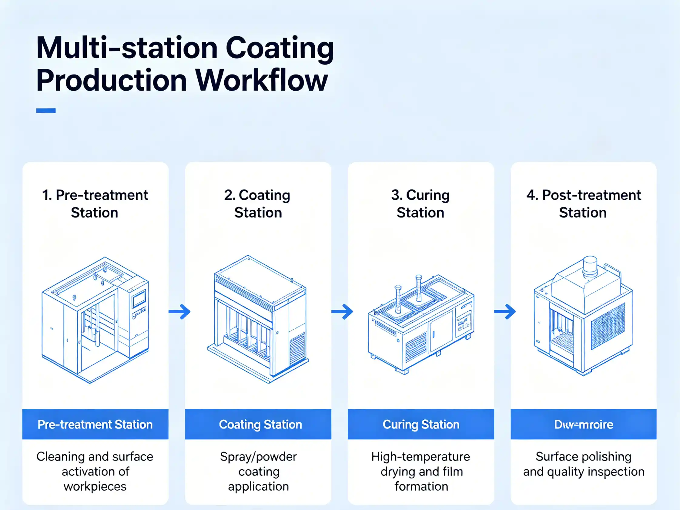 Integrated coating and processing line Multi-station coating production workflow